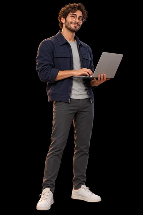 Mar, male character with his laptop