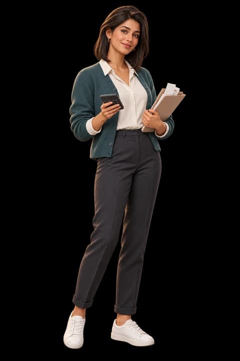 Maya, female character with her receipts and calculator