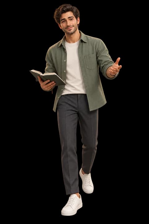 Ola, male character holding a notebook