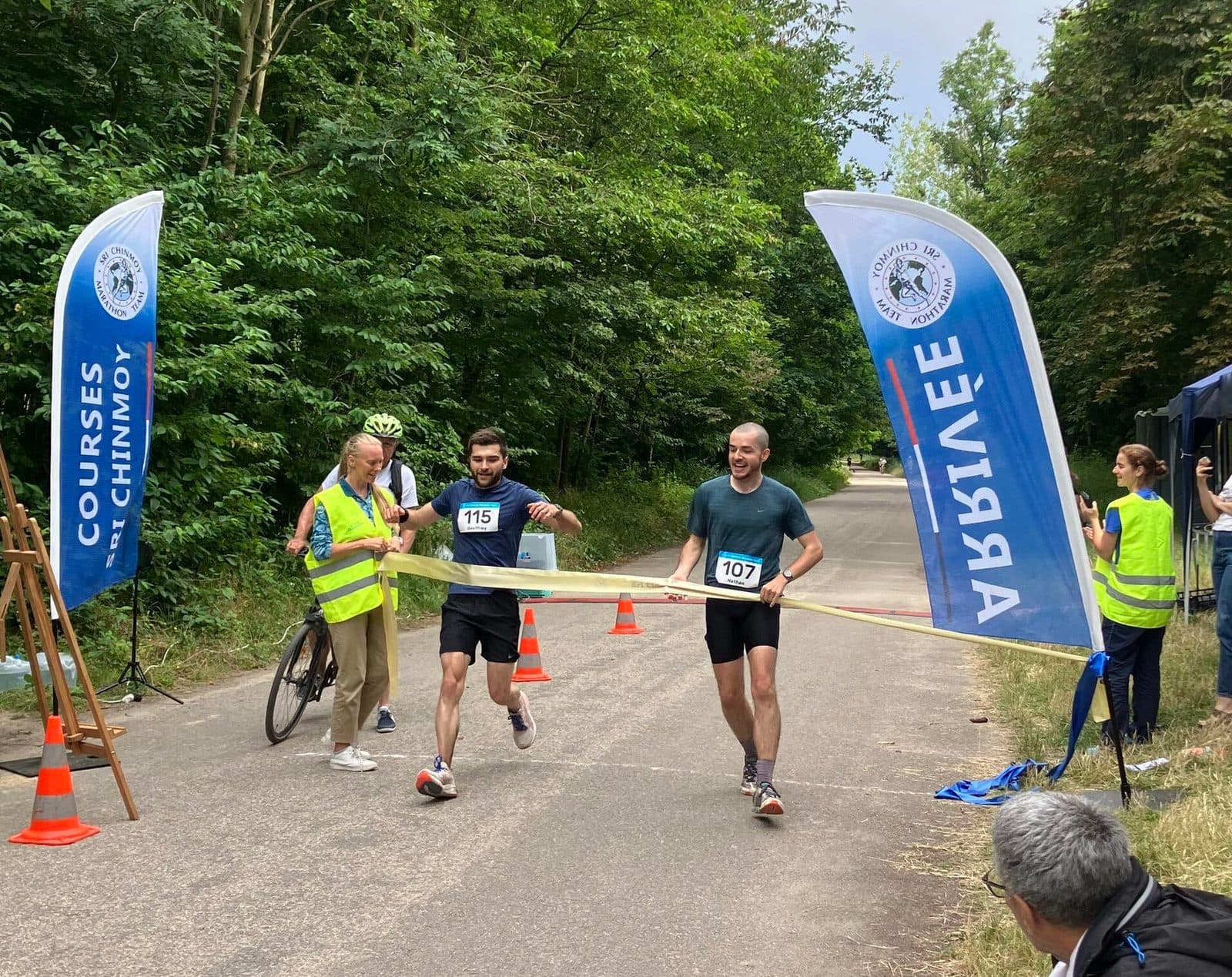 Nathan crossing the finish line of the 100 km du Bois de Vincennes